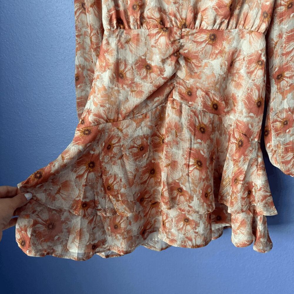 Express Metallic Floral Print Ruched Waist Ruffle Hem Mini Dress Multi-Color XS - Picture 7 of 7